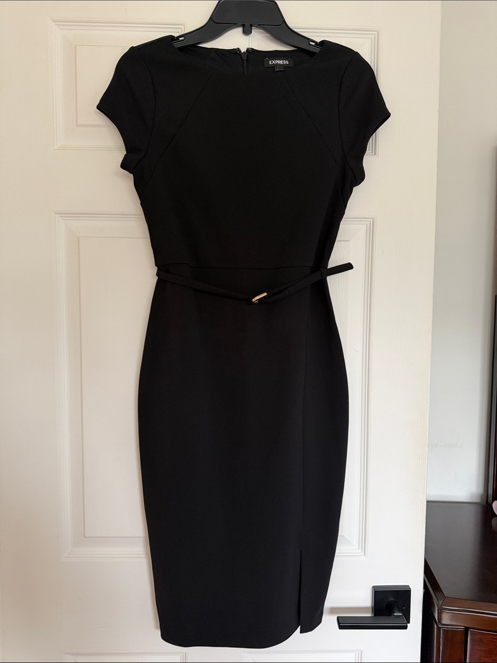 Express Black Cap Sleeve Sheath Dress with Slim Belt